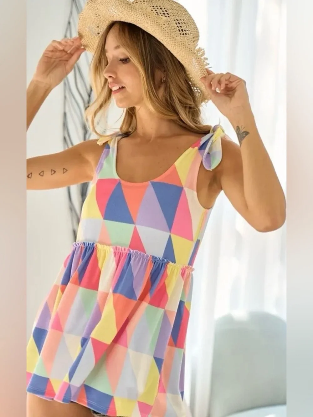 BIBI Multi Color Block Brushed Tied Ribbon Top - Picture 2 of 12